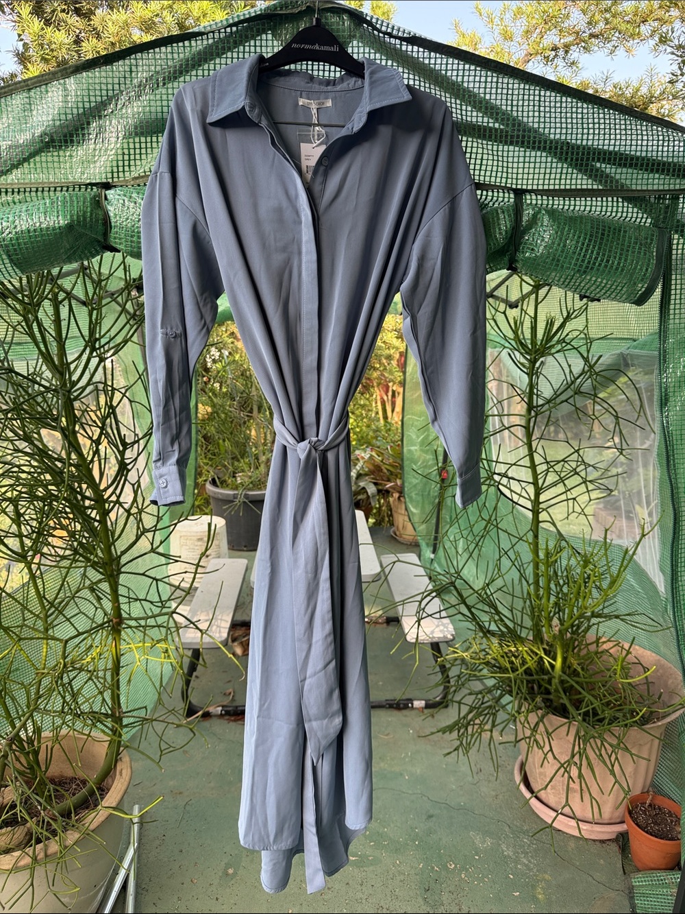 StitchDrop Light Grey Button-Front Tie-Waist Shirt Maxi Dress size small